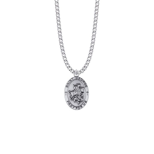 Extel Large Sterling Silver Oval St. George Medal Pendant, Patron Saint of England and Soldiers for Men with 24" chain