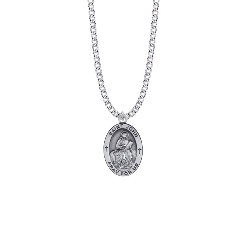 Extel Large Sterling Silver Oval St. John Medal Pendant, Patron Saint of Friendships and Authors for Men with 24" chain