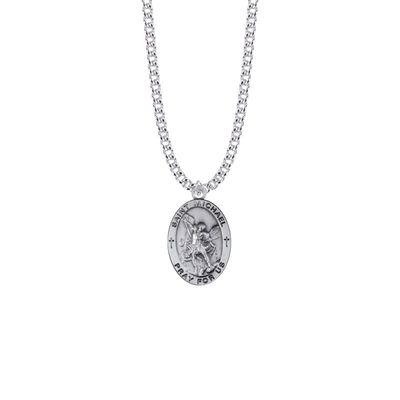 Extel Large Sterling Silver Oval St. Michael Medal Pendant, Patron Saint of Police Officers for Men with 24" chain