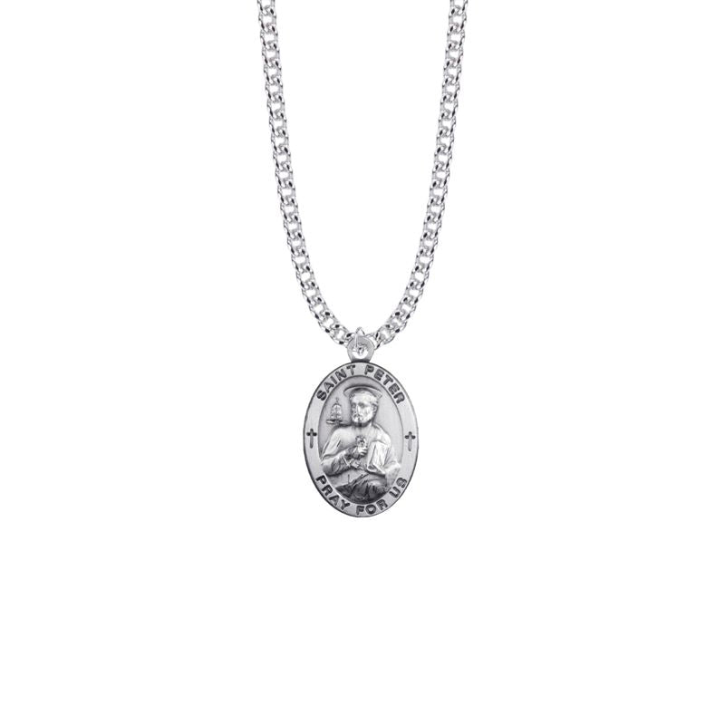 Extel Large Sterling Silver Oval St. Peter Medal Pendant, Patron Saint of Fishermen and Ship Builders for Men with 24" chain