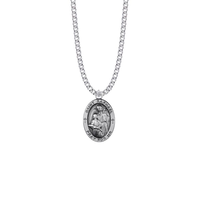 Extel Large Sterling Silver Oval St. Raphael Medal Pendant, Patron Saint of Doctors and Medical Workers for Men with 24" chain