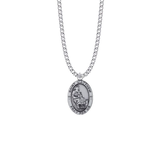 Extel Large Sterling Silver Oval St. Matthew Medal Pendant, Patron Saint of Bankers and Accountants for Men with 24" chain