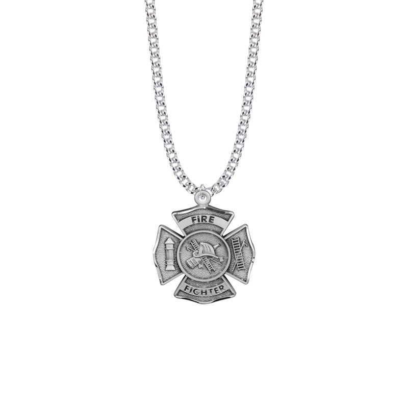 Extel Large Sterling Silver Firefighter Shield Medal Pendant with St. Florian on Back, Patron Saint of Firefighters for Men with 24" chain