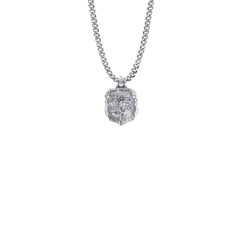 Extel Medium Sterling Silver St. Michael Shield Medal Pendant, Patron Saint of Police Officers for Women with 18" chain