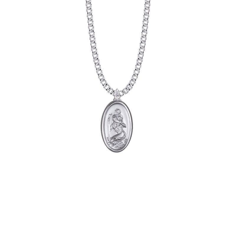 Extel Large Silver Oval St. Christopher Polished Border Medal Pendant, Patron Saint of Travelers for Men Women with 20" chain