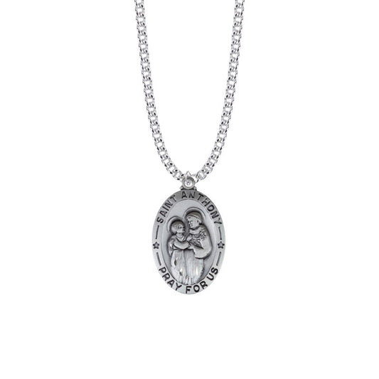 Extel Large Sterling Silver Large Oval St. Anthony Medal Pendant, Patron Saint of Lost Articles for Men with 24" chain