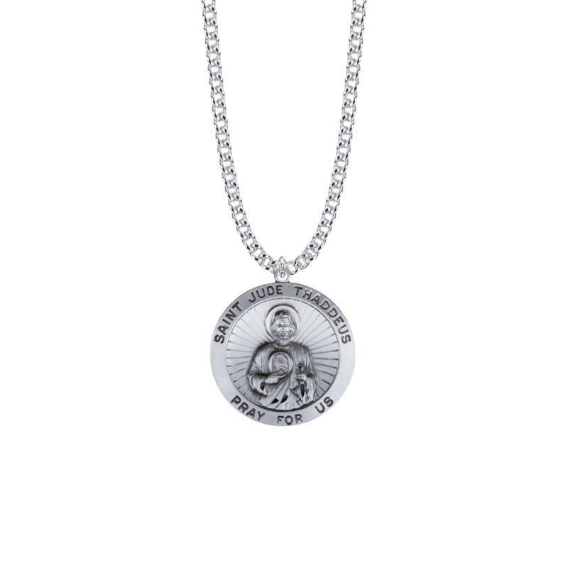 Extel Large Sterling Silver Large Round St. Jude Medal Pendant, Patron Saint of Hopeless Causes and Desperation for Men with 24" chain