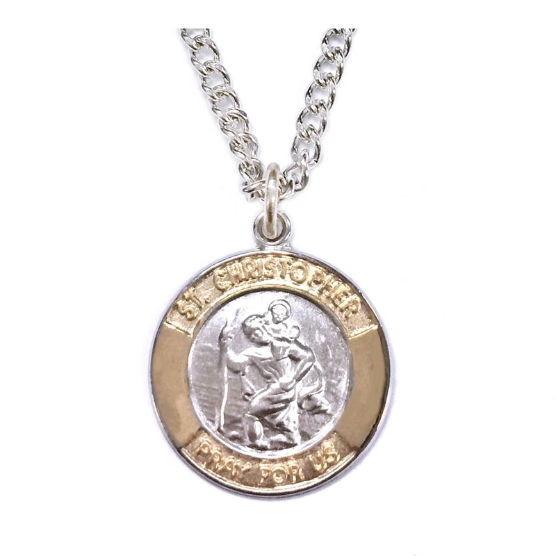 Extel Medium Two-Tone Sterling Silver St. Christopher Medal Pendant, Patron Saint of Travelers for Men Women with 20" chain