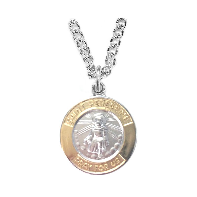 Extel Medium Two-Tone Sterling Silver St.Peregrine Medal Pendant, Patron Saint of Cancer for Men Women with 20" chain