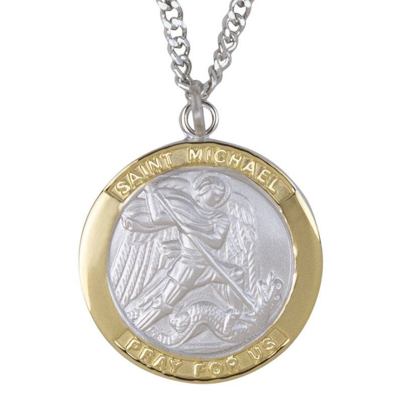 Extel Large Two-Tone Sterling Silver St. Michael Medal Pendant, Patron Saint of Police for Men Women with 24" chain