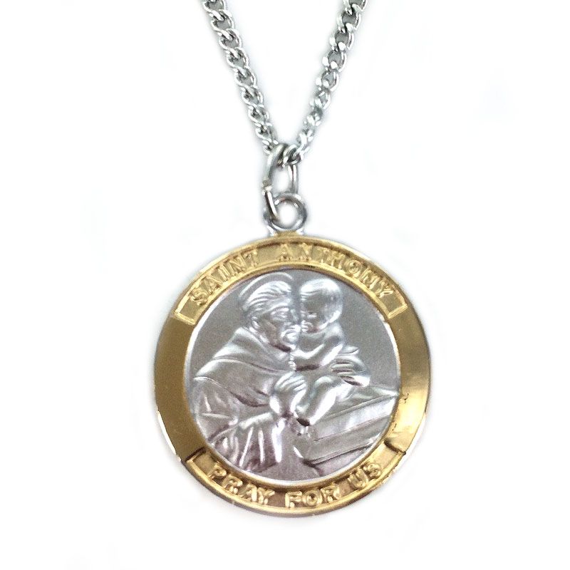 Extel Large Two-Tone Sterling Silver St. Anthony Medal Pendant, Patron Saint of Lost Articles for Men Women with 24" chain