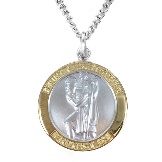 Extel Large Two-Tone Sterling Silver St. Christopher Medal Pendant, Patron Saint of Travelers for Men Women with 24" chain