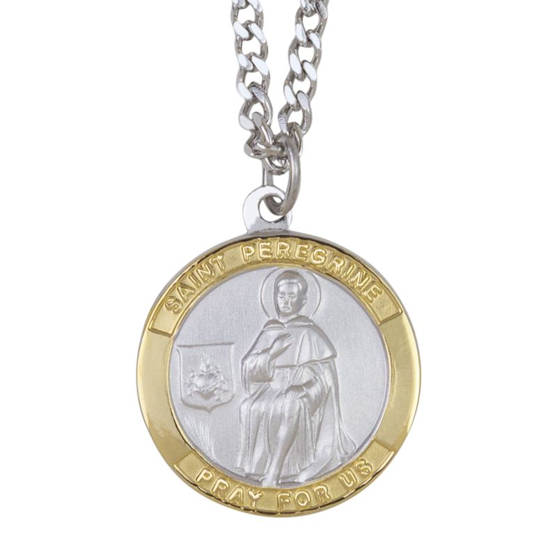 Extel Large Two-Tone Sterling Silver St. Peregrine Medal Pendant, Patron Saint of Cancer for Men Women with 24" chain