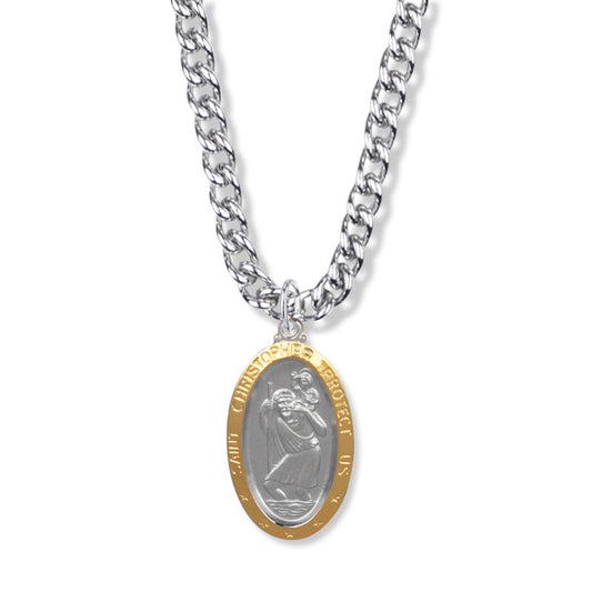 Extel Large Two-Tone Sterling Silver Oval St. Christopher Medal Pendant, Patron Saint of Travelers for Men Women with 24" chain