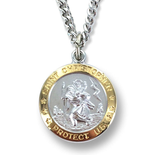 Extel Medium Two-Tone Sterling Silver St. Christopher Medal Pendant, Patron Saint of Travelers for Men Women with 24" chain