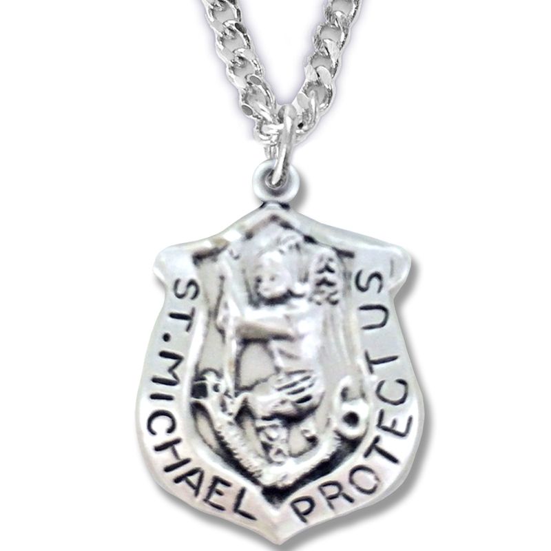 Extel Medium Sterling Silver St. Michael Badge Shield Medal Pendant, Patron Saint of Police for Men Women with 18" chain