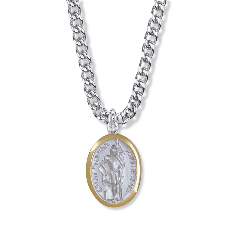 Extel Large Two-Tone Sterling Silver St. Florian Medal Pendant, Patron Saint of Firefighters for Men Women with 24" chain