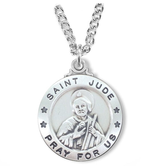 Extel Large Sterling Silver Round St. Jude Medal Pendant, Patron Saint of Hopeless Causes for Men Women with 24" chain