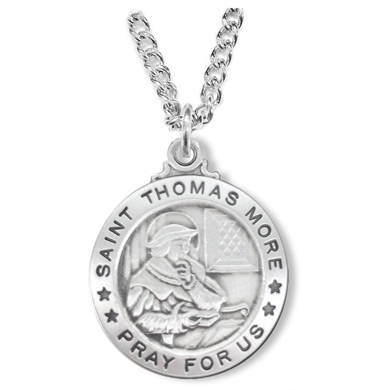 Extel Large Sterling Silver Round St. Thomas More Medal Pendant, Patron Saint of Lawyers and Politicians for Men Women with 24" chain