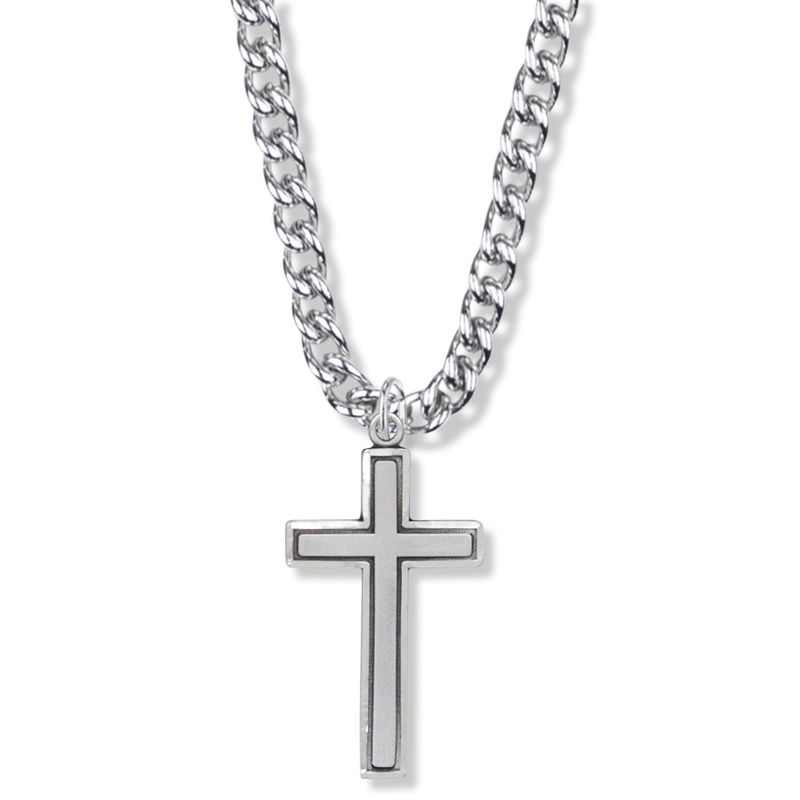 Extel Large Sterling Silver Diamond Engraved Border Cross Pendant for Men with 24" chain