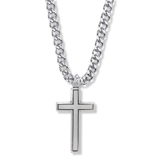 Extel Large Sterling Silver Diamond Engraved Border Cross Pendant for Men with 24" chain