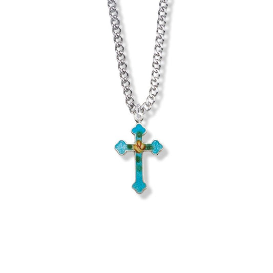 Extel Medium Sterling Silver Enameled Rose and Budded Ends Cross Pendant for Women with 18" chain