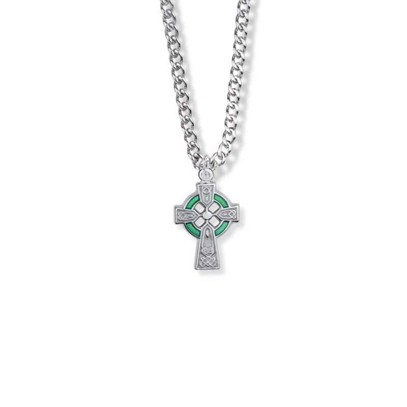 Extel Medium Sterling Silver Celtic Cross with Green Enamel Detail Cross Pendant for Women with 18" chain