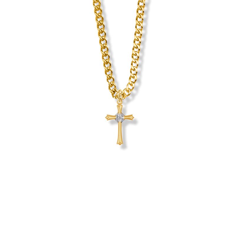 Extel Medium 18KT Gold Plated Over Sterling Silver Budded Budded Ends Cross Pendant with Cubic Zirconia Stones for Women with 18" chain