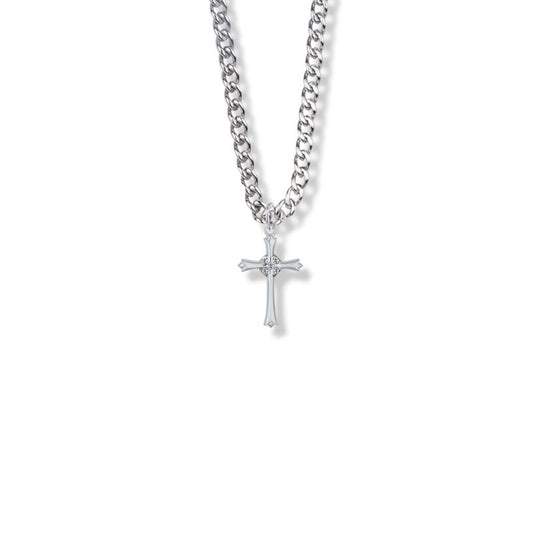 Extel Medium Sterling Silver Budded Budded Ends Cross Pendant with Cubic Zirconia Stones for Women with 18" chain