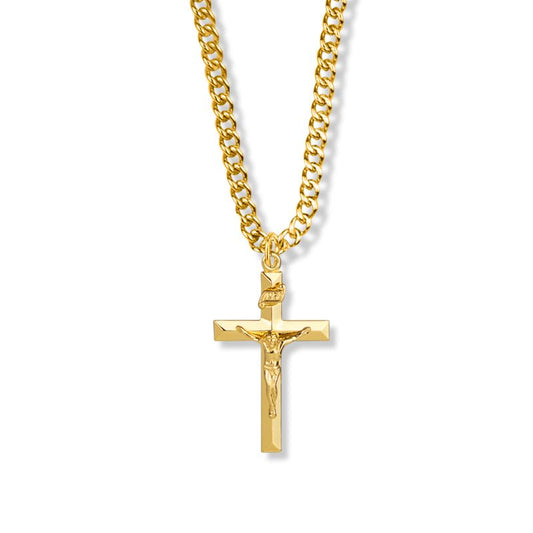 Extel Large 18KT Gold Plated Over Sterling Silver Beveled Crucifix Pendant  for Boy with 20" chain