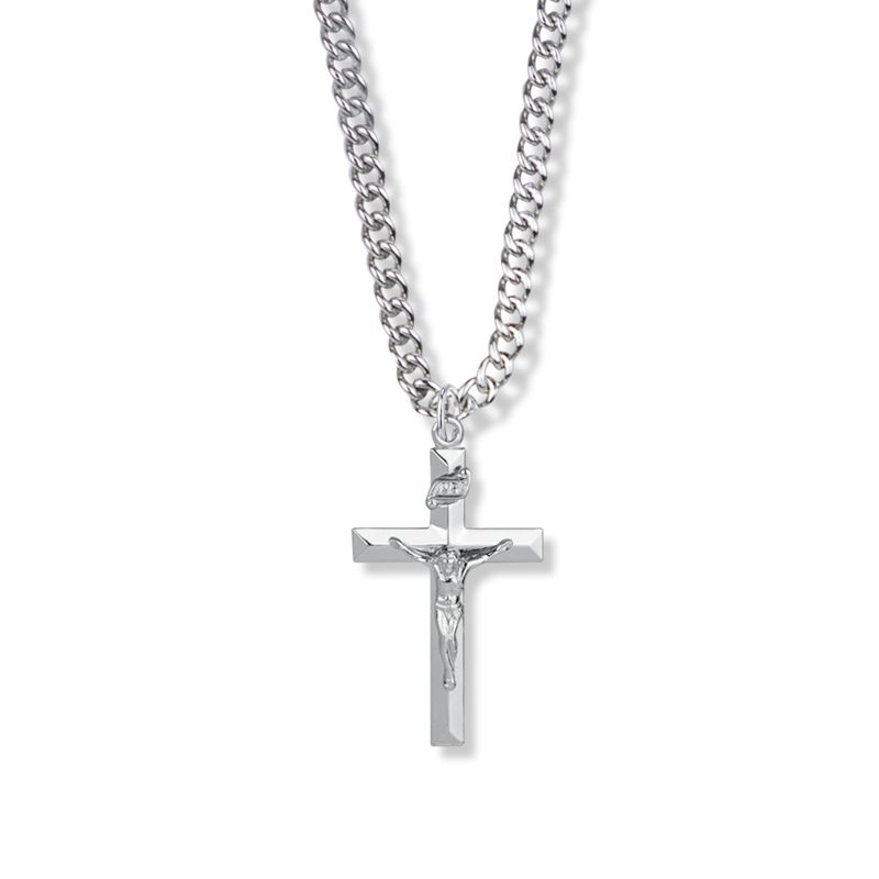 Extel Large Sterling Silver Beveled Crucifix Pendant  for Boy with 20" chain