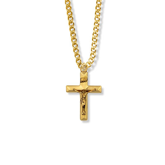 Extel Large 18KT Gold Plated Over Sterling Silver Beveled Crucifix Pendant for Boy with 18" chain