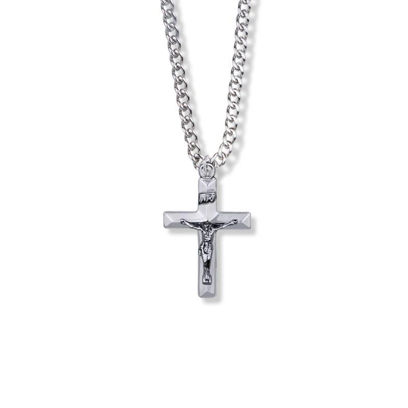 Extel Large Sterling Silver Beveled Crucifix Pendant for Boy with 18" chain