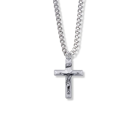 Extel Large Sterling Silver Beveled Crucifix Pendant for Boy with 18" chain