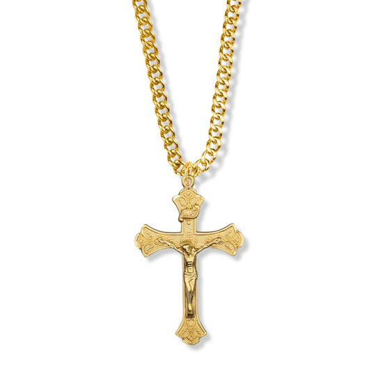 Extel Large 18KT Gold Plated Over Sterling Silver Budded Ends Antiqued Style Crucifix Pendant for Boy with 20" chain