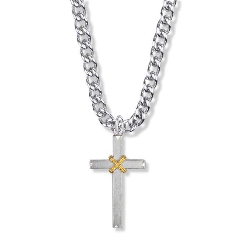 Extel Large Two-Tone Sterling Silver Rope Cross Pendant for Men with 24" chain