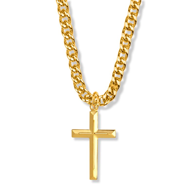 Extel Large 18KT Gold Plated Over Sterling Silver Beveled Inner Cross Pendant for Men with 24" chain