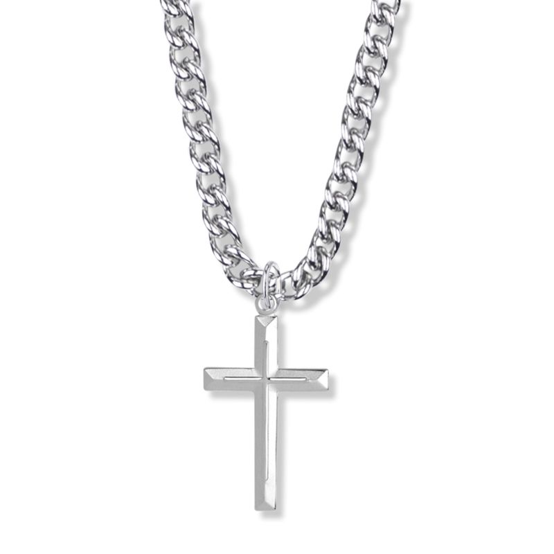 Extel Large Sterling Silver Beveled Inner Cross Pendant for Men with 24" chain