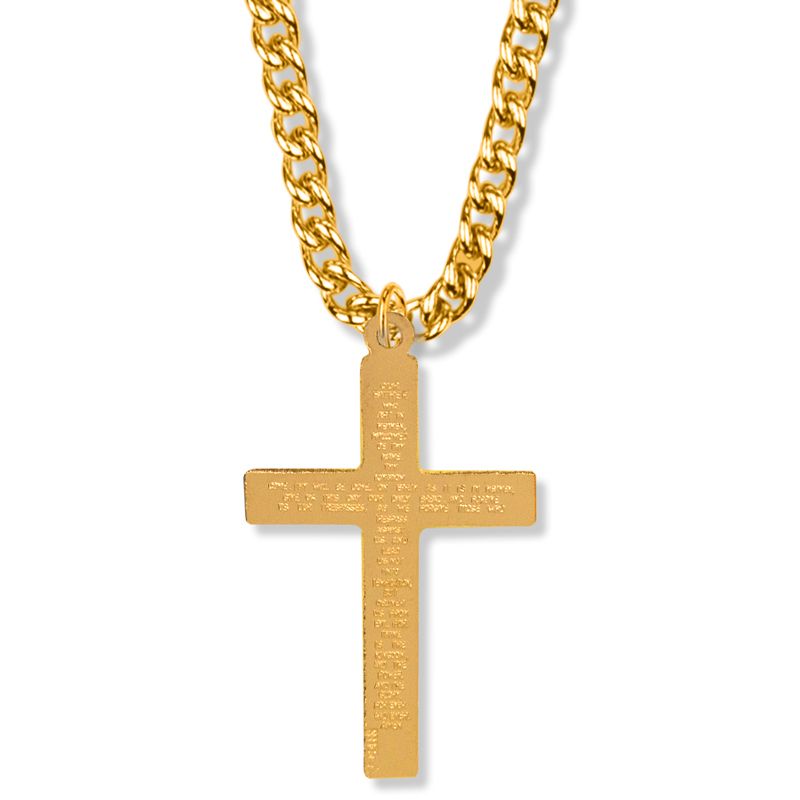 Extel Large 14KT Gold Plated Over Sterling Silver Plain Style with Our Father Prayer on Back Cross Pendant for Men with 24" chain