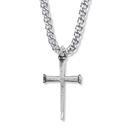 Extel Large Sterling Silver Antiqued Nail Cross Pendant for Men with 24" chain