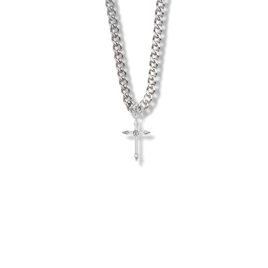 Extel Medium Sterling Silver Pointed Ends Cross Pendant with Cubic Zirconia Stone for Women with 18" chain