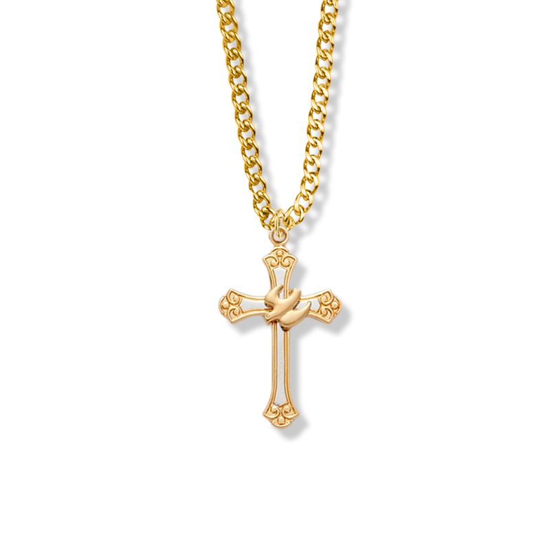 Extel Large Two-Tone 14KT Gold Plated Over Sterling Silver Dove and Budded Ends Cross Pendant for Women with 18" chain