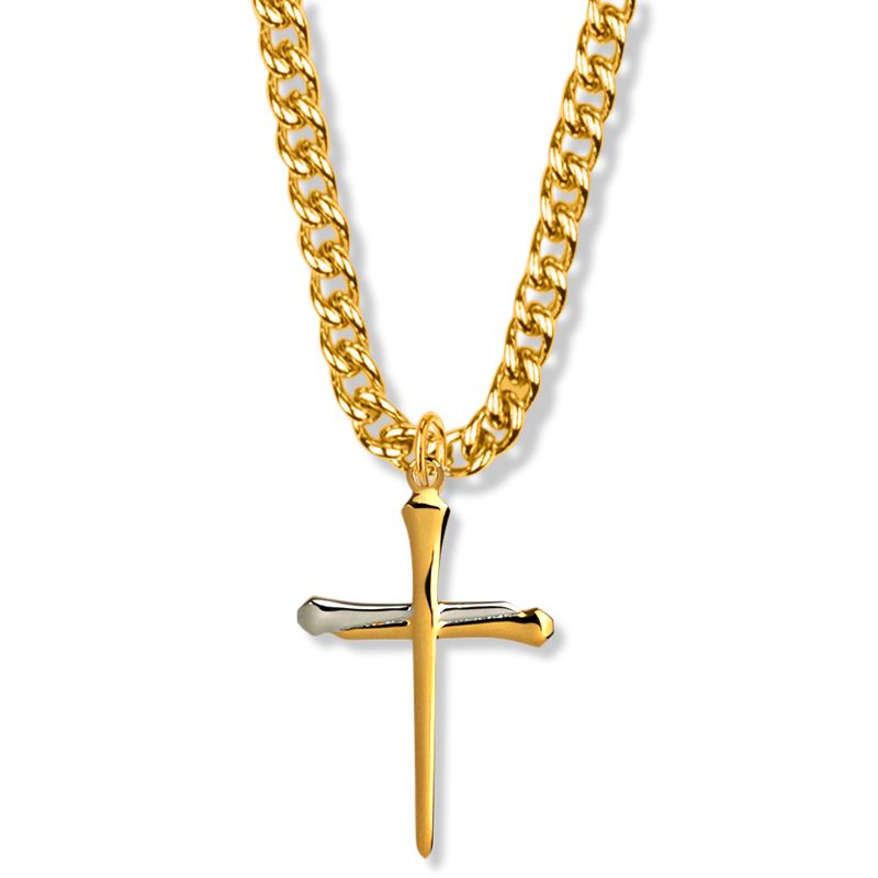 Extel Large Two-Tone 14KT Gold Plated Over Sterling Silver Nail Cross Pendant for Men with 24" chain