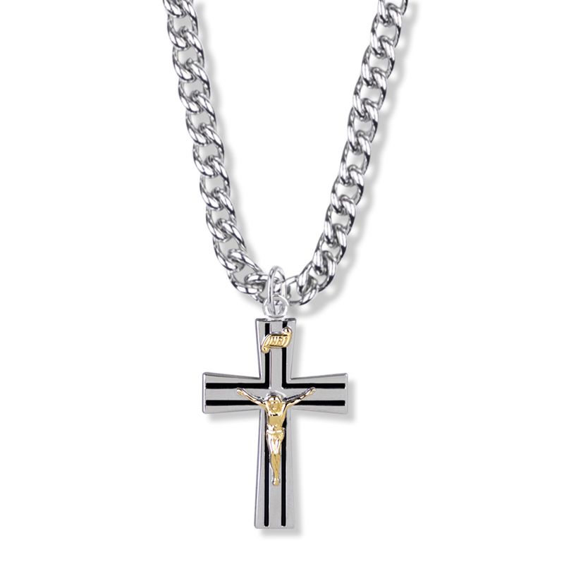 Extel Large Two-Tone Sterling Silver Lined Black Enameled Crucifix Pendant for Men with 24" chain