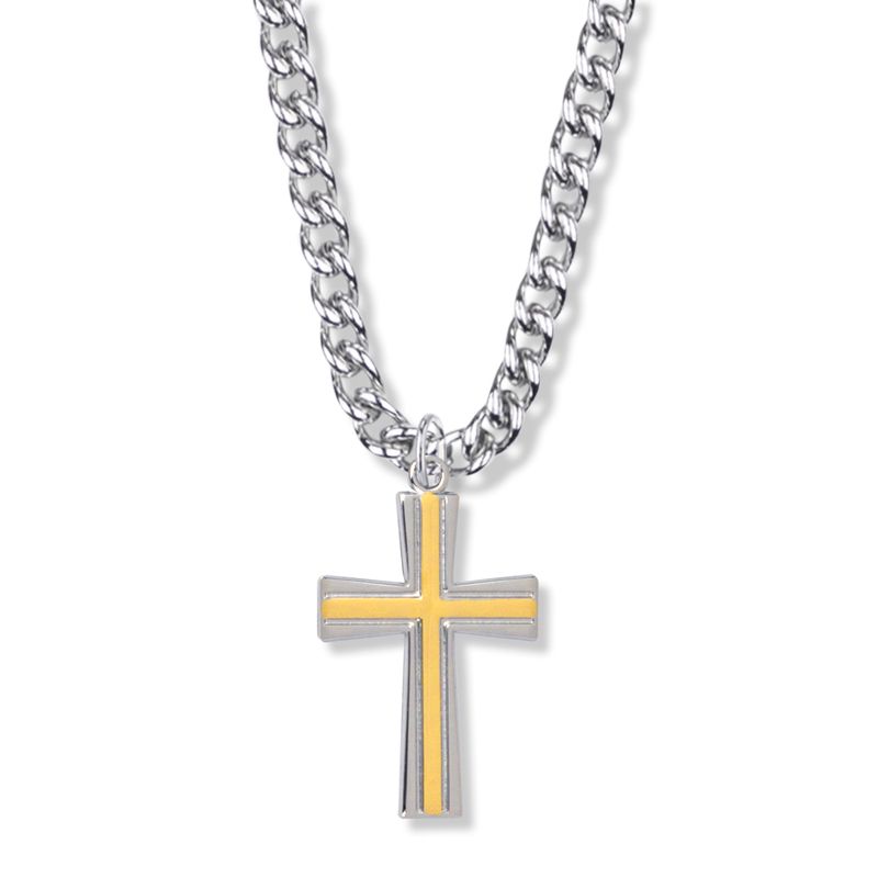 Extel Large Two-Tone Sterling Silver Flared Ends Cross Pendant for Men with 24" chain