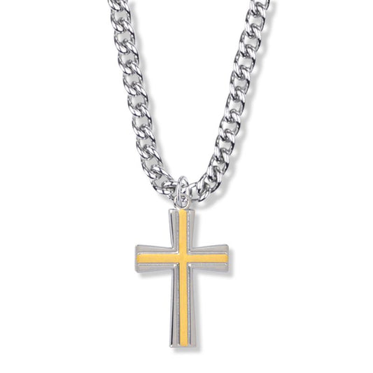 Extel Large Two-Tone Sterling Silver Flared Ends Cross Pendant for Men with 24" chain