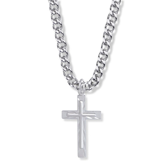 Extel Large Sterling Silver Diamond Engraved Inner Cross Pendant for Men with 24" chain