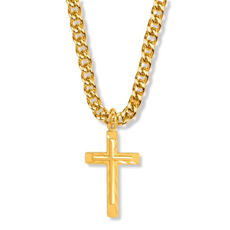 Extel Large 14KT Gold Plated Over Sterling Silver Diamond Engraved Inner Cross Pendant for Men with 24" chain