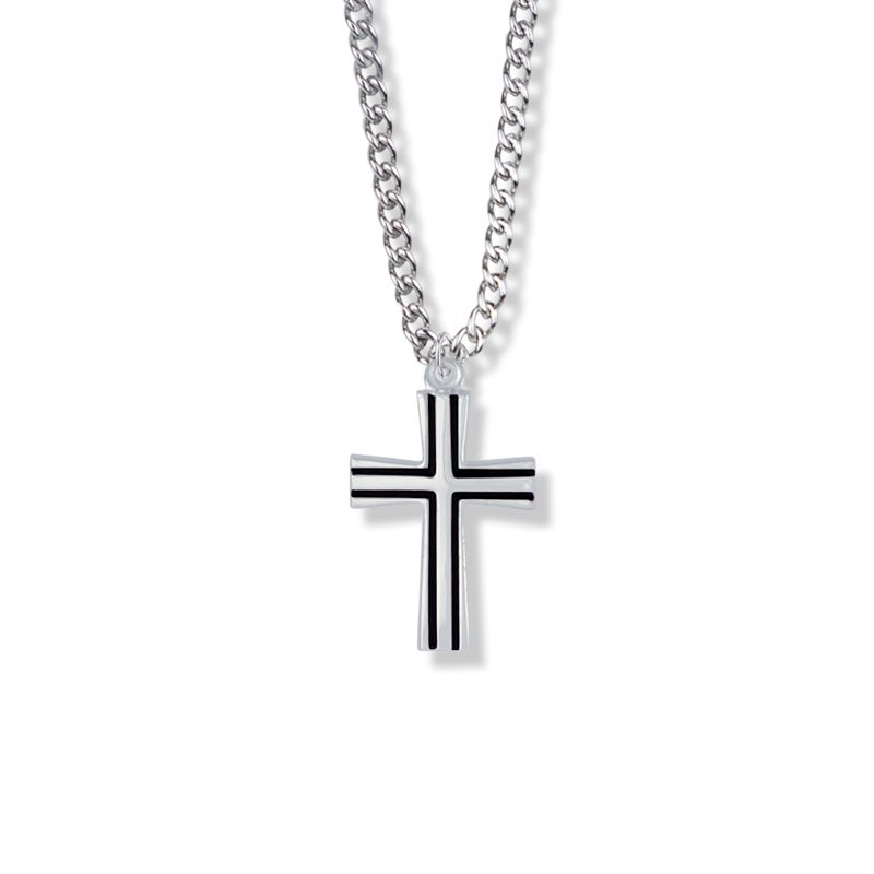 Extel Large Sterling Silver Flared Cross with Black Enamel Detailing Pendant for Boy with 18" chain