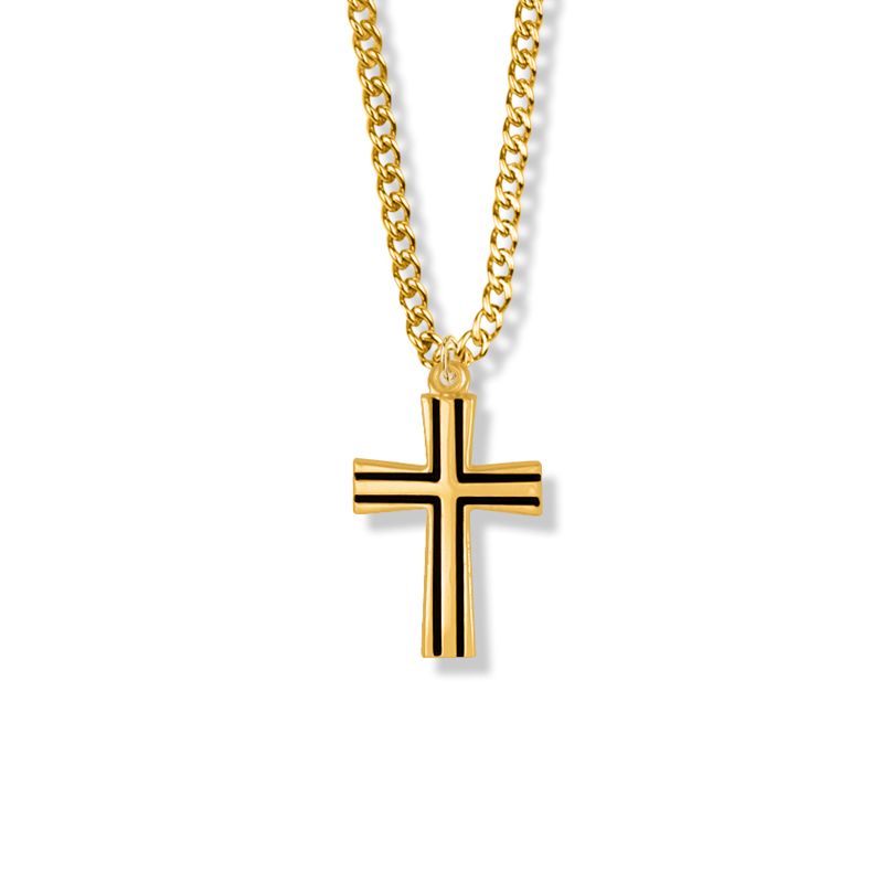 Extel Large 14KT Gold Plated Over Sterling Silver Flared Cross with Black Enamel Detailing Pendant for Boy with 18" chain